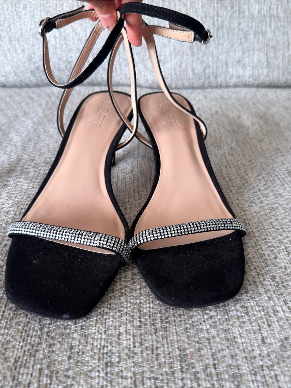 LOFT Black Ankle-Strap Kitten Heels with Rhinestone Toe Band